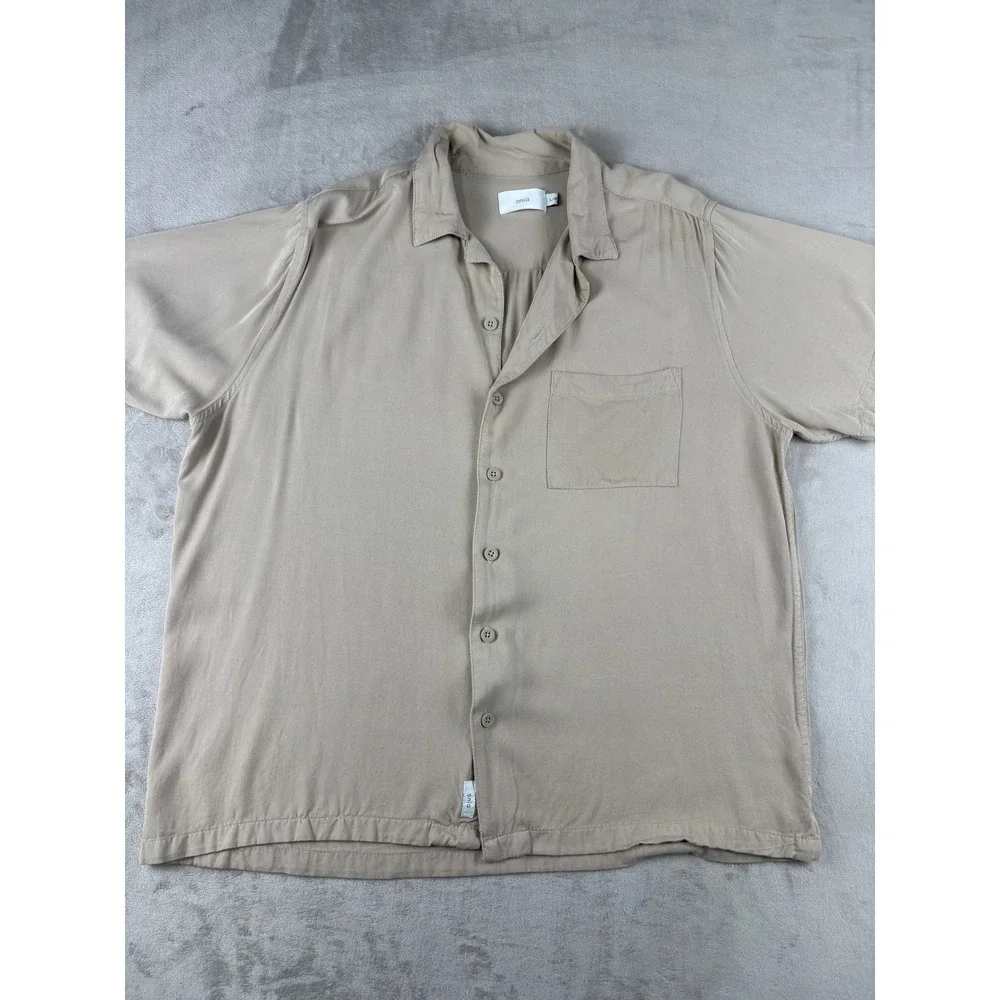 Onia‎ Tan Beige Viscose Short Sleeve Button Down Camp Shirt Womens Large L/G